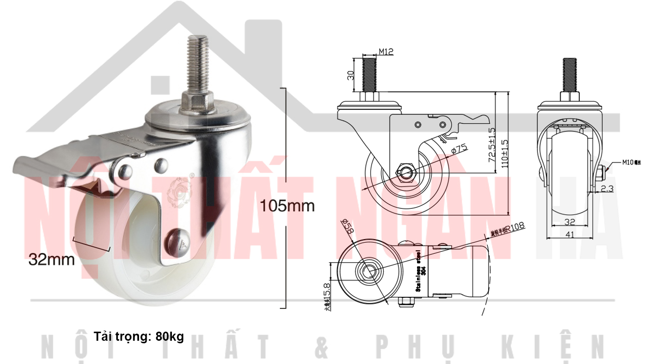 Thông số kỹ thuật bánh xe đẩy CP057-075 cọc vít khóa kép càng inox