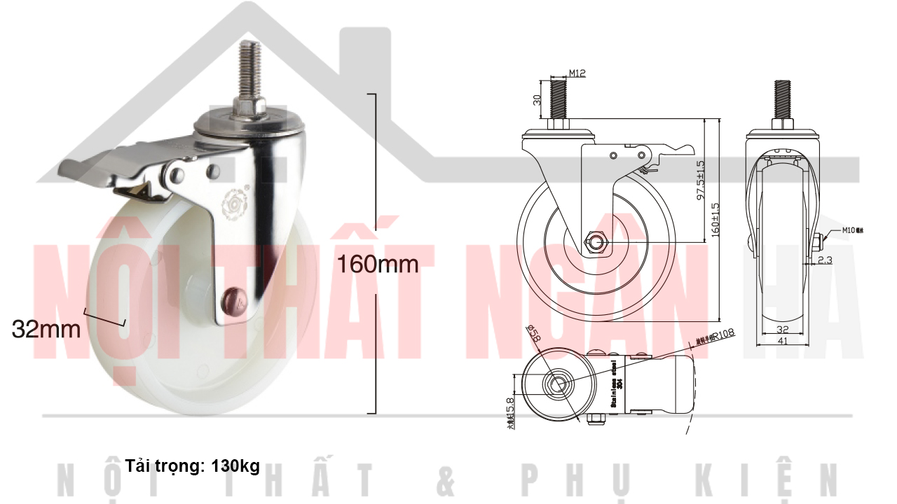 Thông số kỹ thuật bánh xe đẩy CP057-125 cọc vít khóa kép càng inox