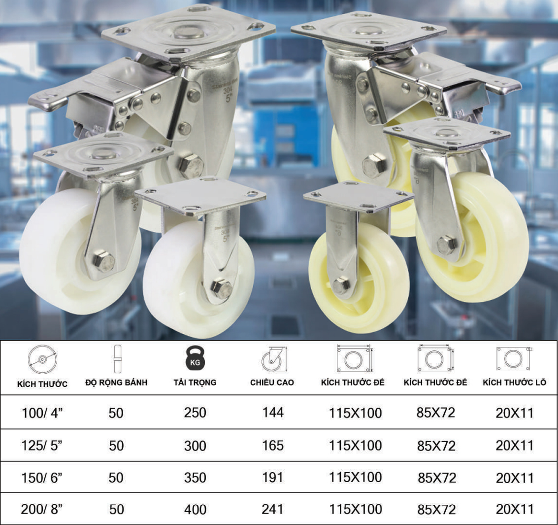 Thông số kỹ thuật bánh xe đẩy nhựa PA càng inox 304 CP058, CP059, CP060
