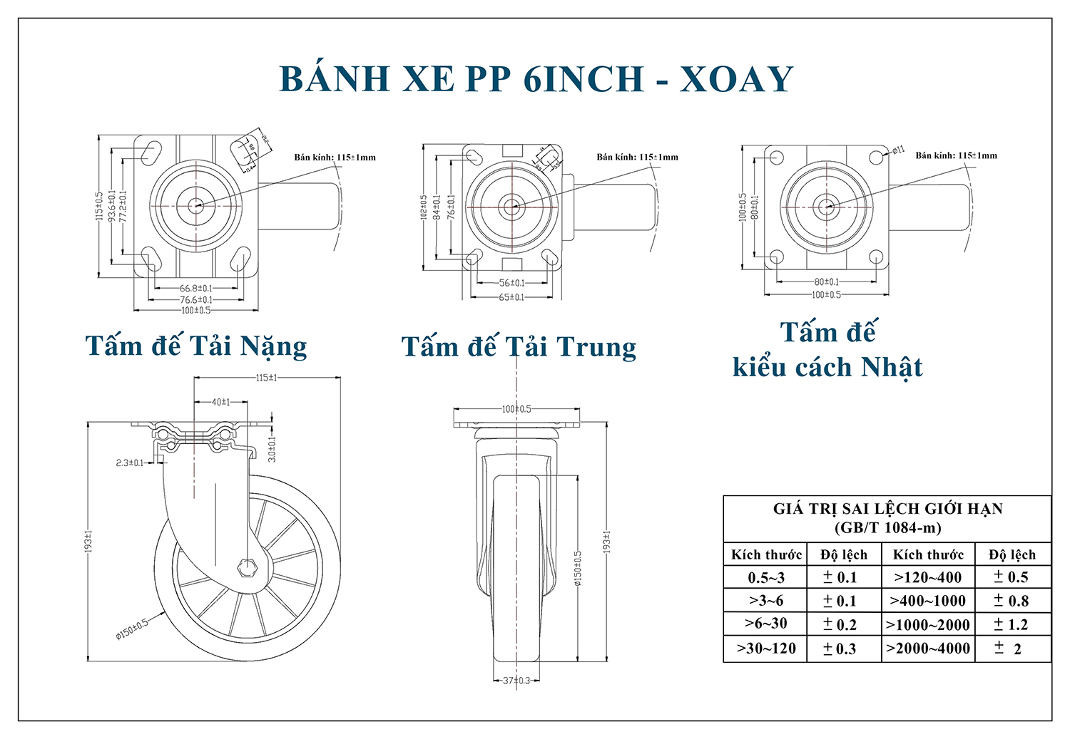 Thông số kỹ thuật bánh xe đẩy nhựa PP CP045-150 xoay