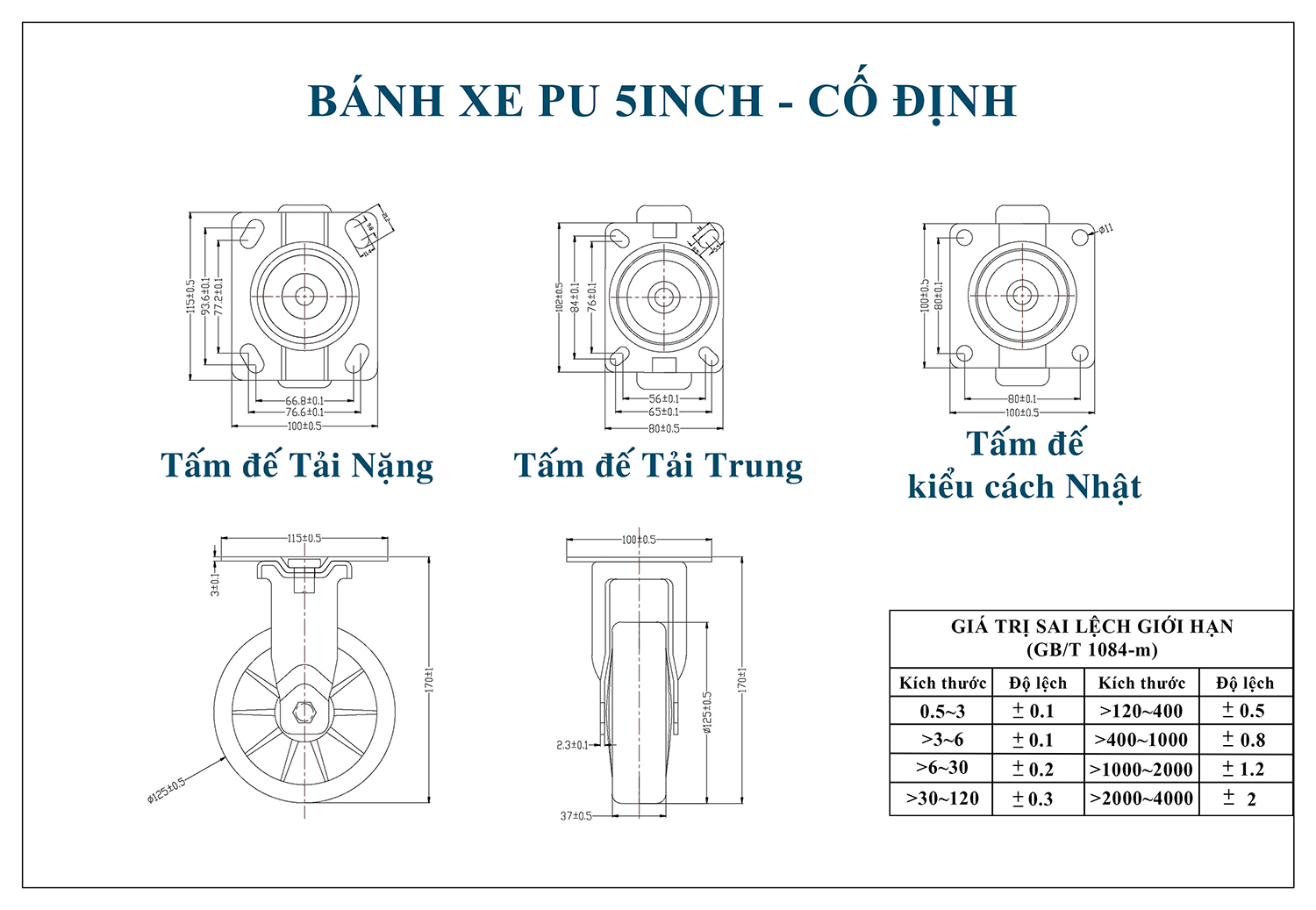 Thống số kỹ thuật bánh xe đẩy nhựa PU CP035-125 lõi nhựa cố định
