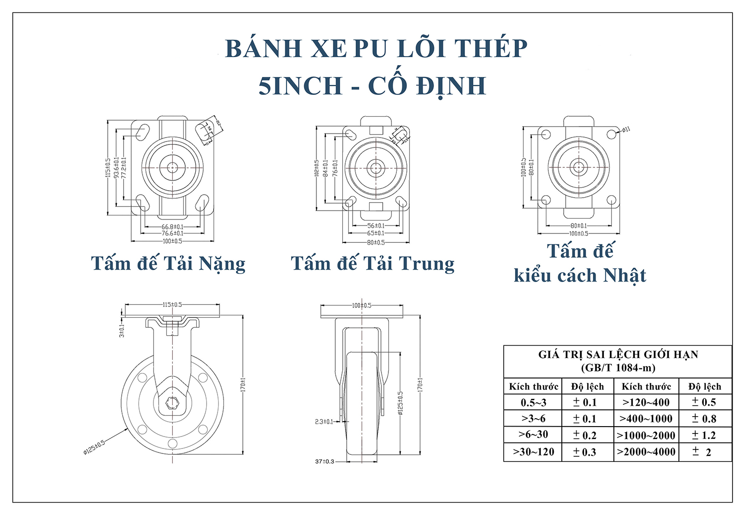 Thông số kỹ thuật Bánh xe đẩy nhựa PU CP038 lõi thép cố định