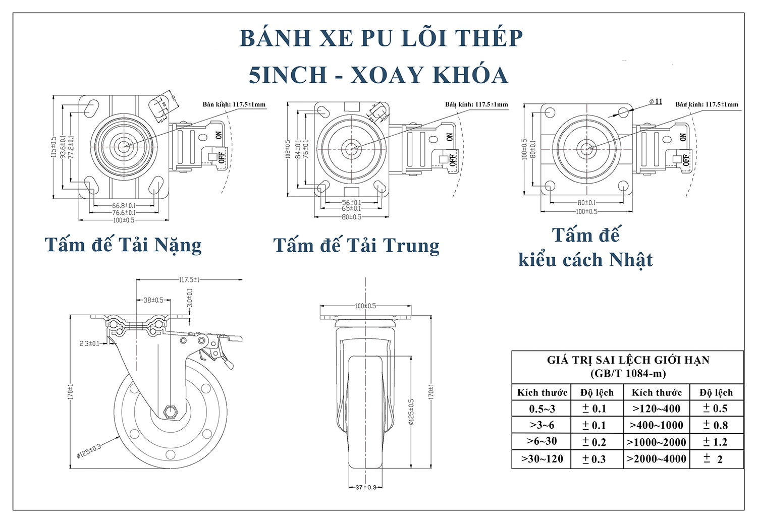 Thông số kỹ thuật bánh xe đẩy nhựa PU CP040 lõi thép xoay khóa