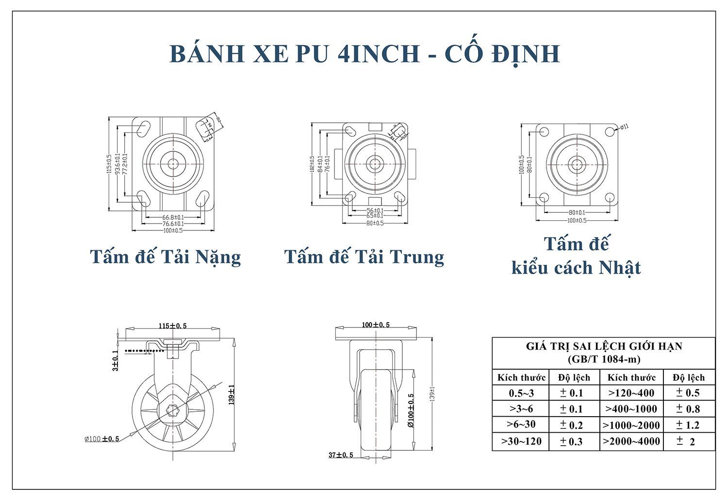 Thống số kỹ thuật bánh xe đẩy nhựa PU CP035-100 lõi nhựa cố định