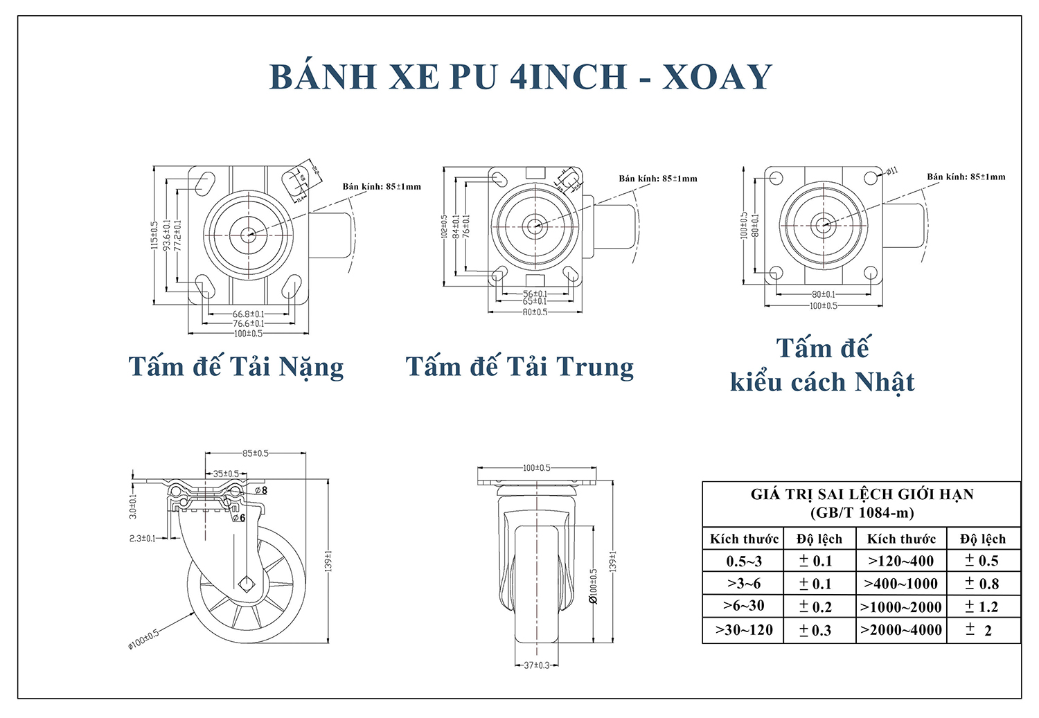 Thông số kỹ thuật bánh xe đẩy nhựa PU CP036-100 lõi nhựa xoay