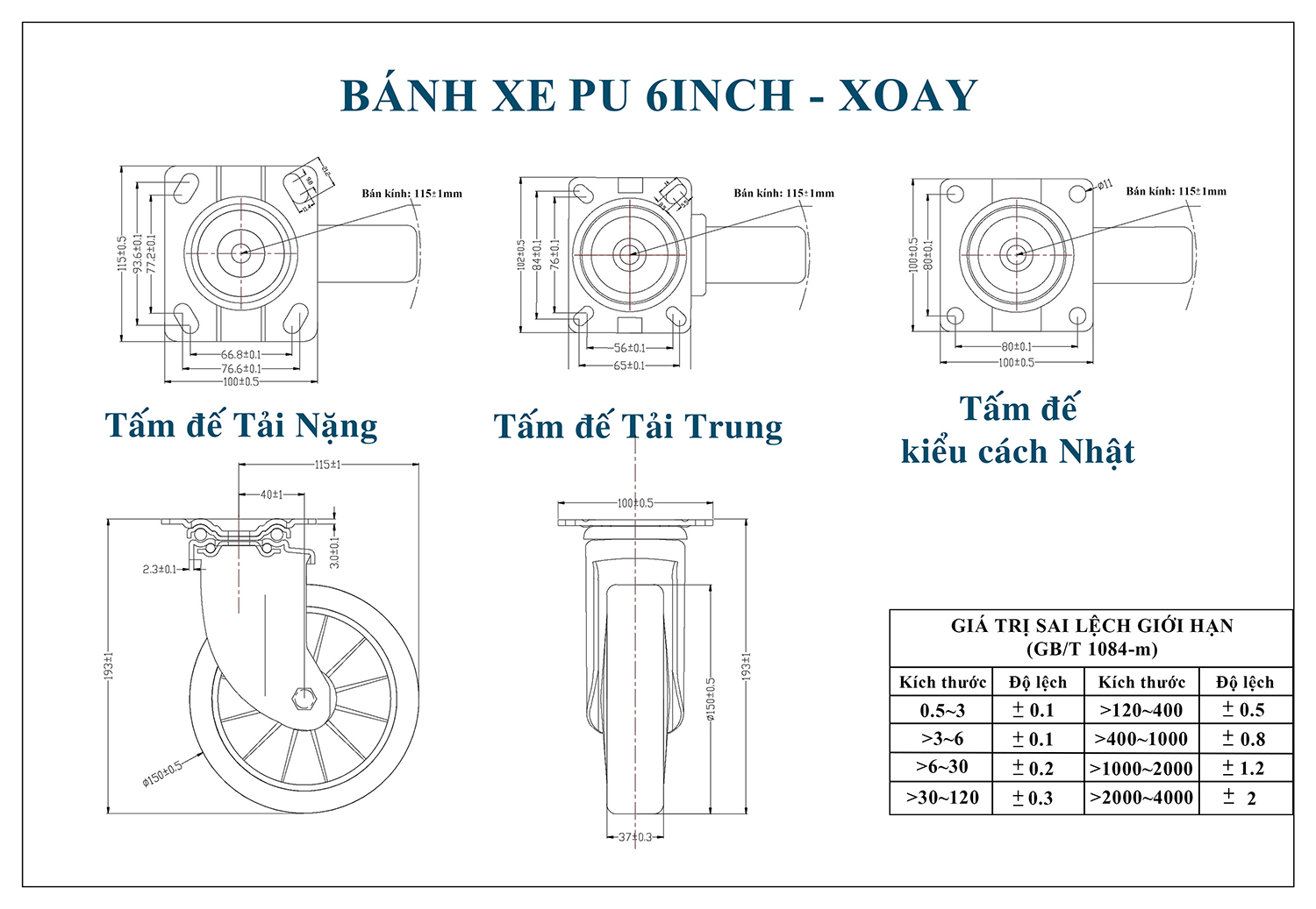 Thông số kỹ thuật bánh xe đẩy nhựa PU CP036-150 lõi nhựa xoay
