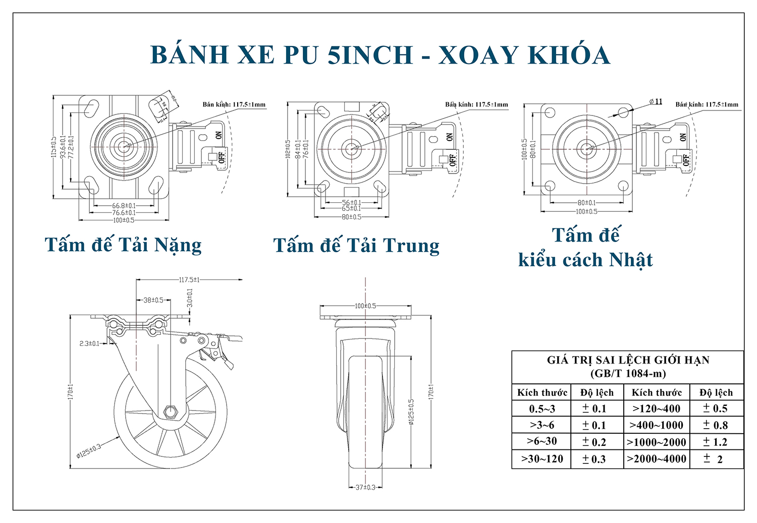 Thông số kỹ thuật bánh xe đẩy nhựa PU CP037-125 lõi nhựa xoay có khóa