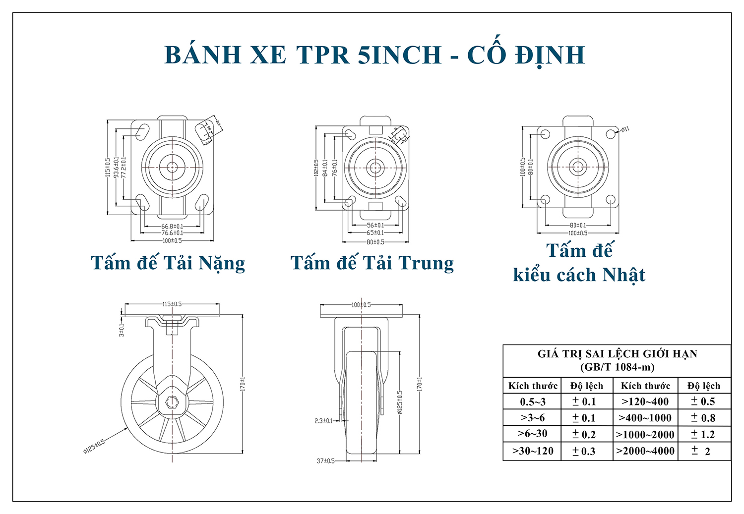 Thông số kỹ thuật bánh xe đẩy nhựa TPR CP041-125 cố định
