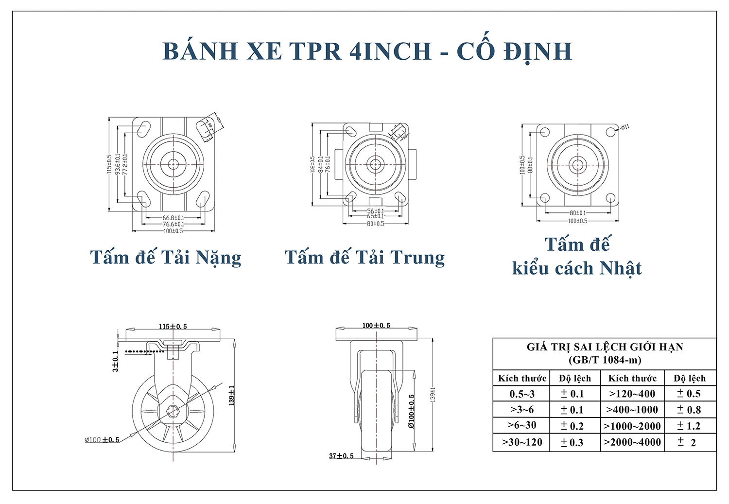 Thông số kỹ thuật bánh xe đẩy nhựa TPR CP041-100 cố định