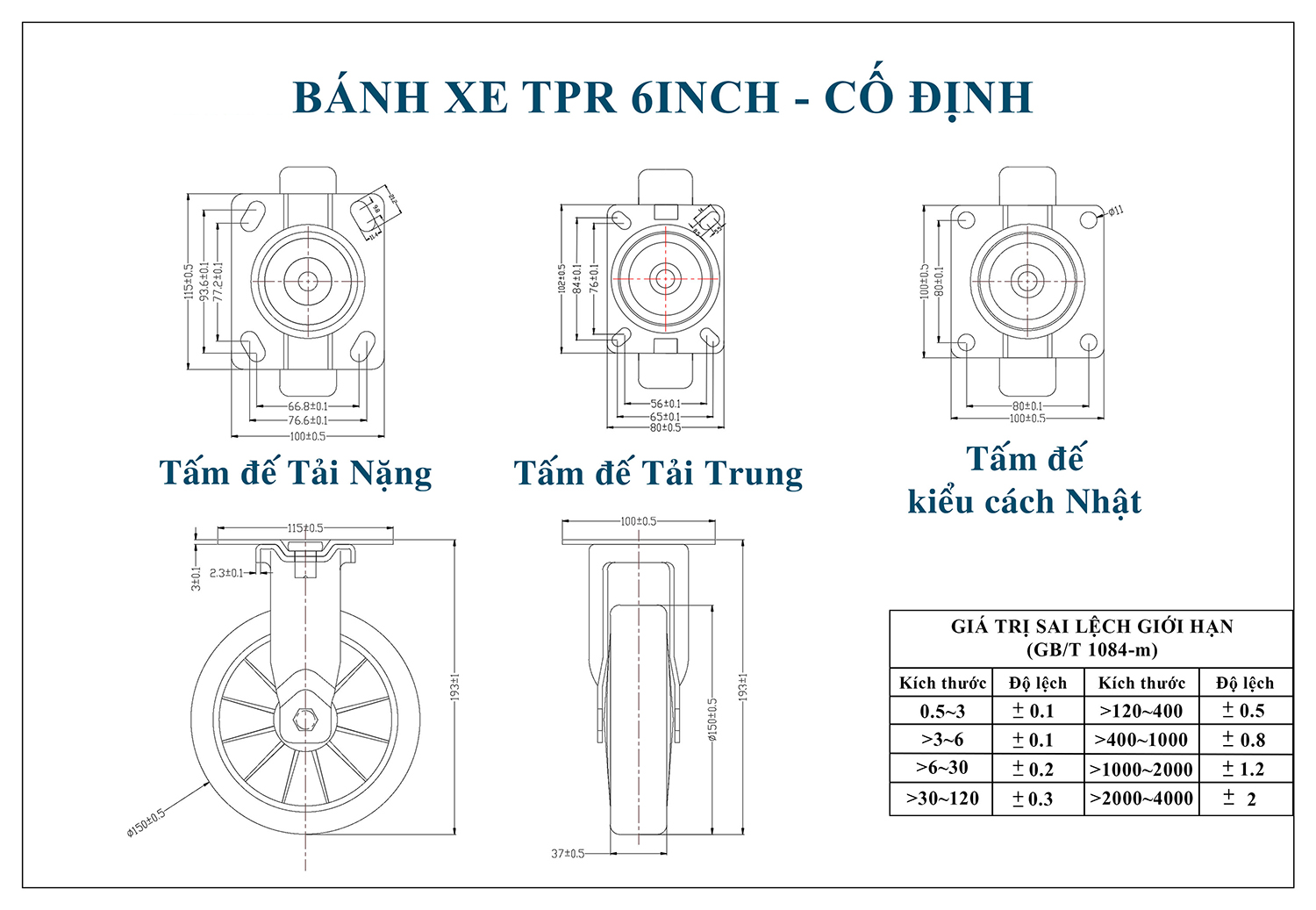 Thông số kỹ thuật bánh xe đẩy nhựa TPR CP041-150 cố định