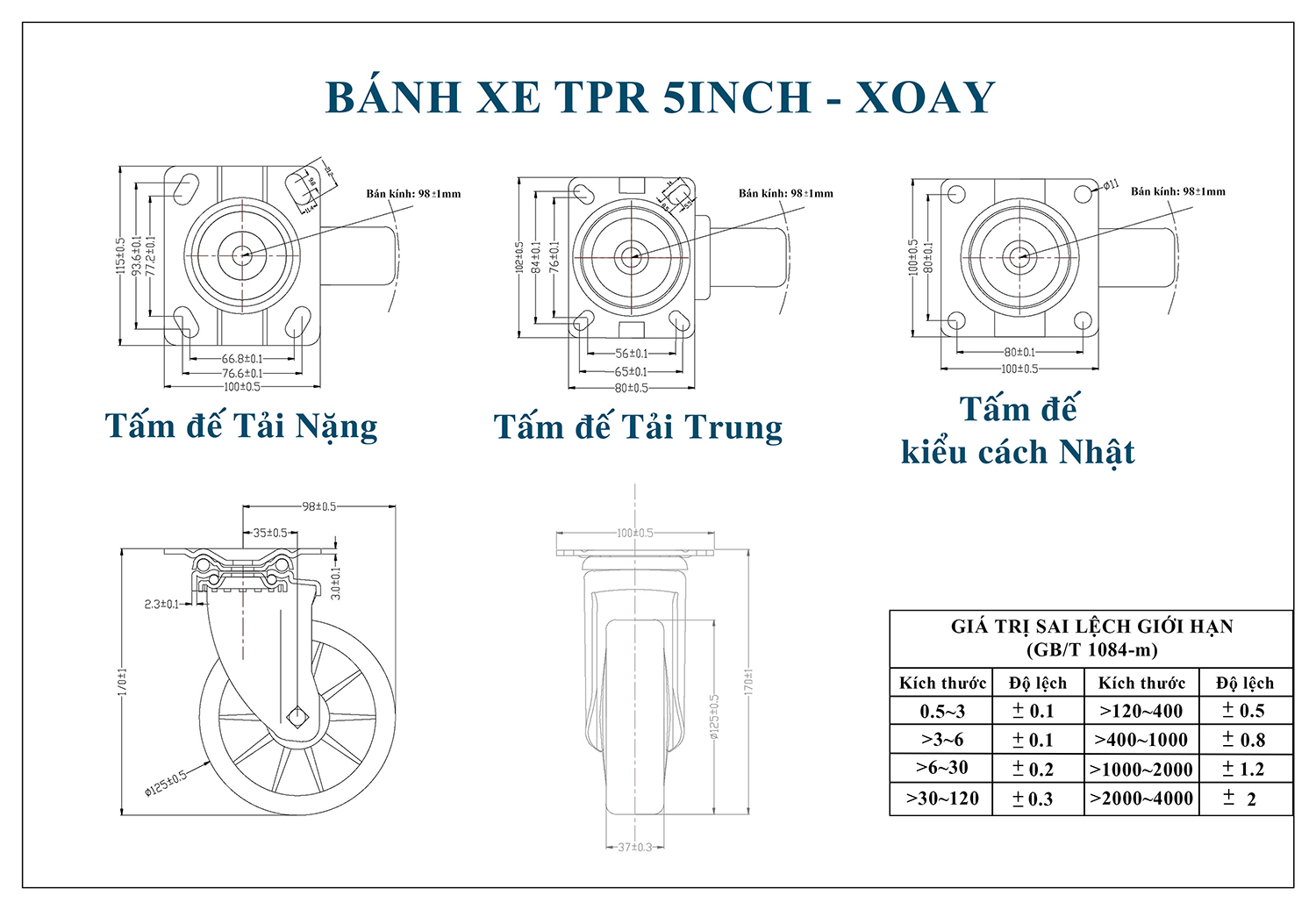 Thông số kỹ thuật Bánh xe đẩy nhựa TPR CP042-125 xoay