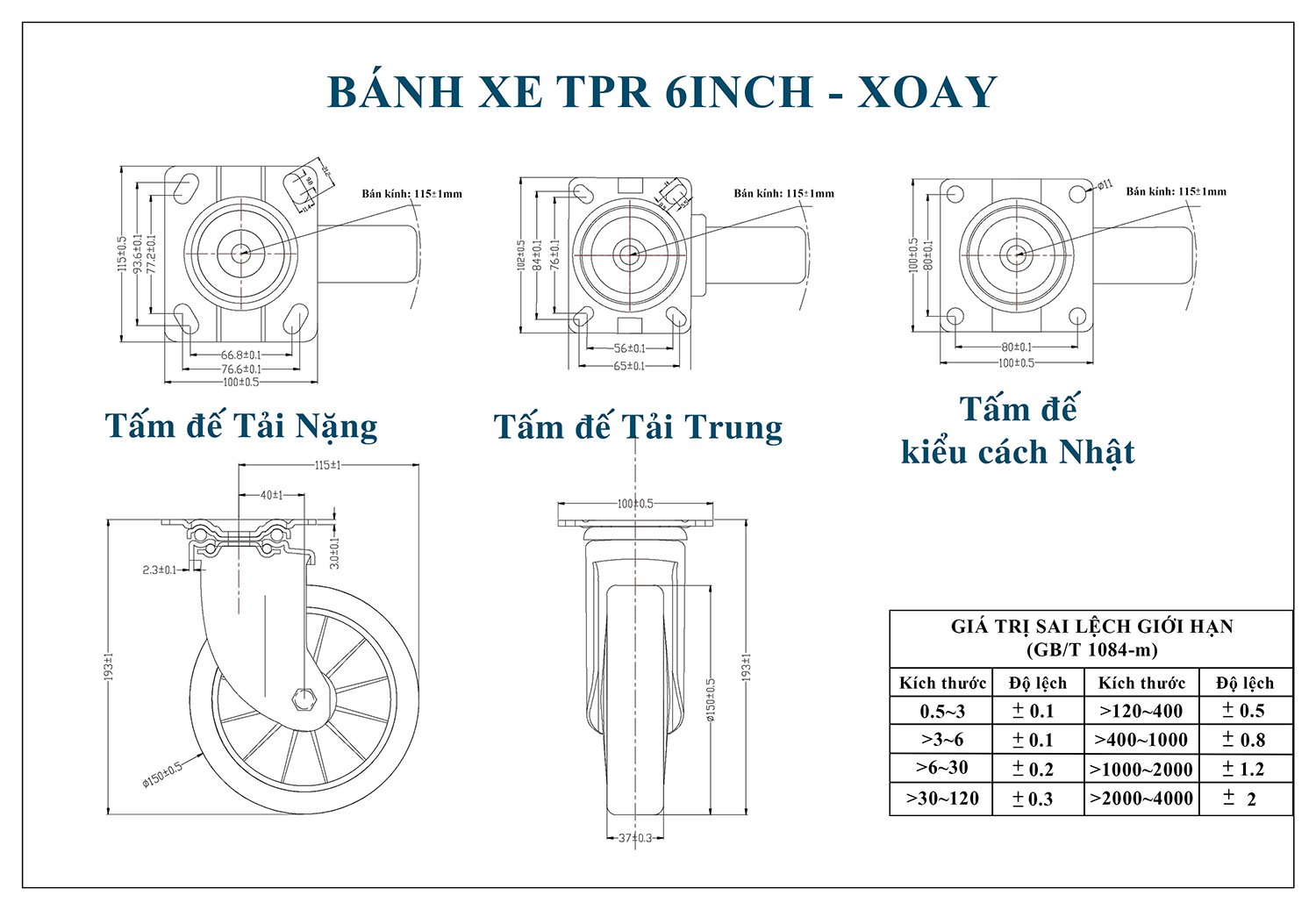 Thông số kỹ thuật Bánh xe đẩy nhựa TPR CP042-150 xoay
